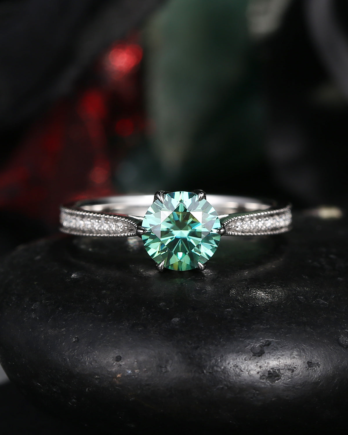 Antique Mint Moissanite Engagement Ring Solitaire Wedding Ring Milgrain Tapered Ring