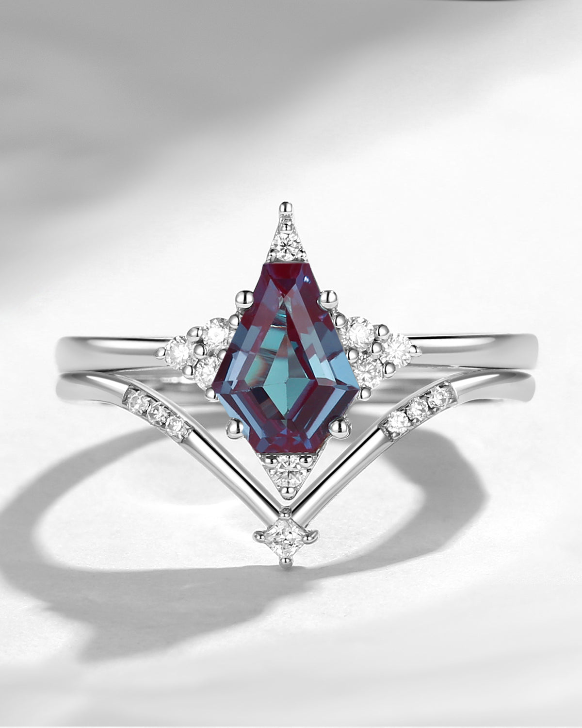 Alexandrite Minimalist Coffin Kite Star Engagement Ring Set 2pcs