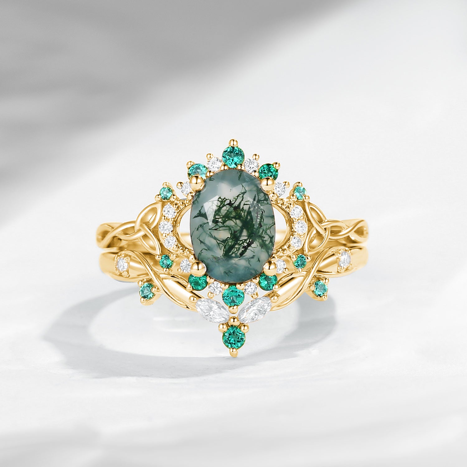 Celtic Moon | Oval Cut Moss Agate Infinity Celtic Engagement Ring Set 2pcs
