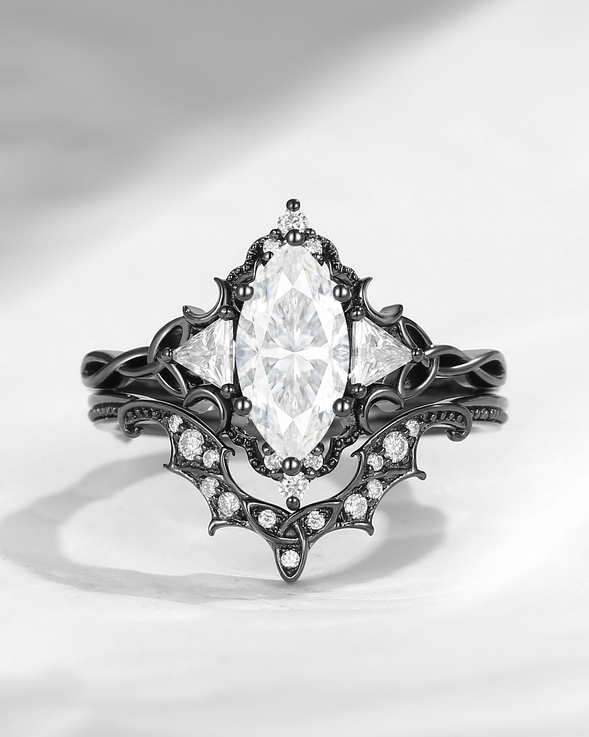 Marquise Cut Moissanite Bat Wing Inspired Celtic Twist Engagement Ring Set 2pcs