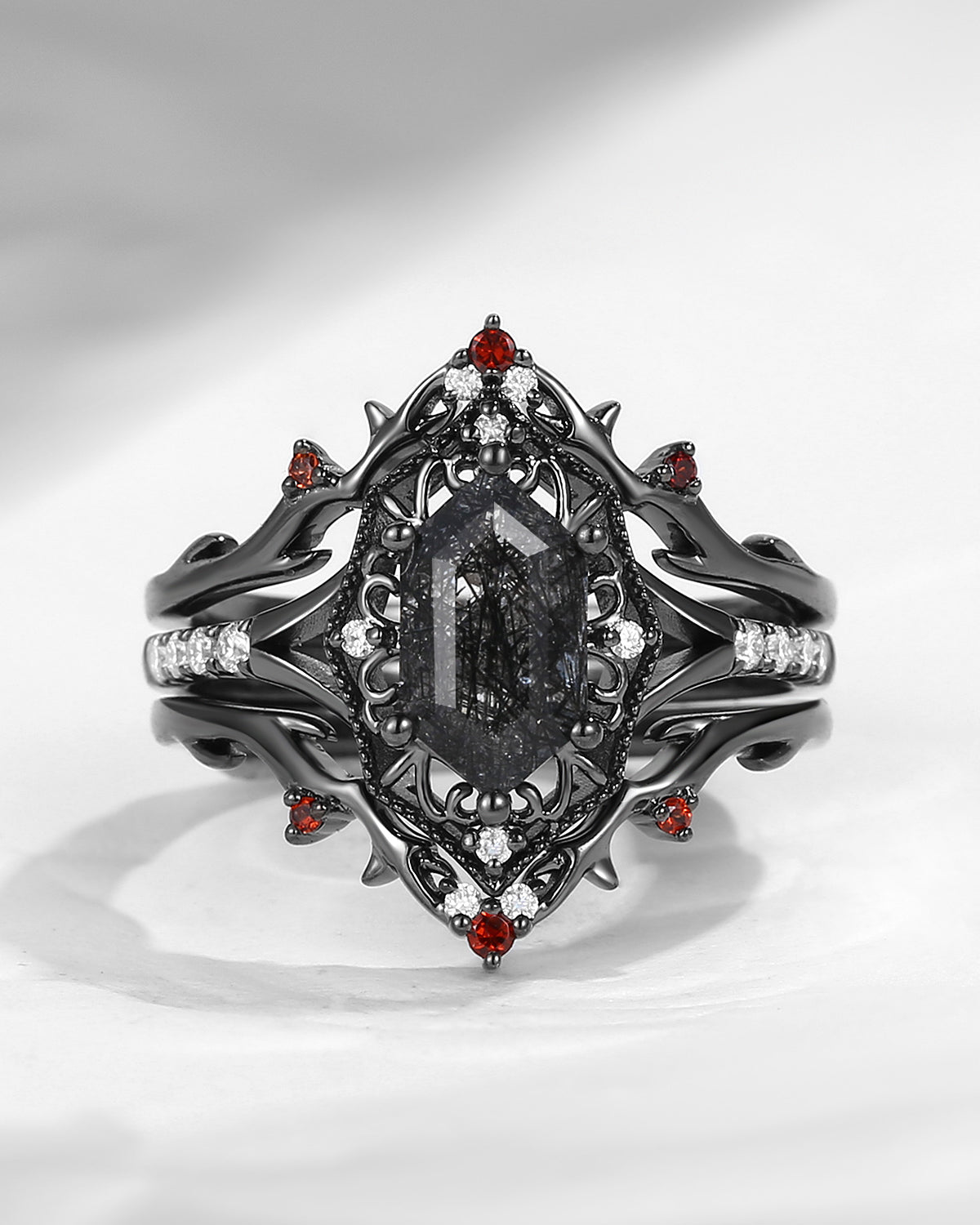 Vintage Inspired Hexagon Cut Black Rutilated Quartz Vampire Shield Engagement Ring Set 2pcs