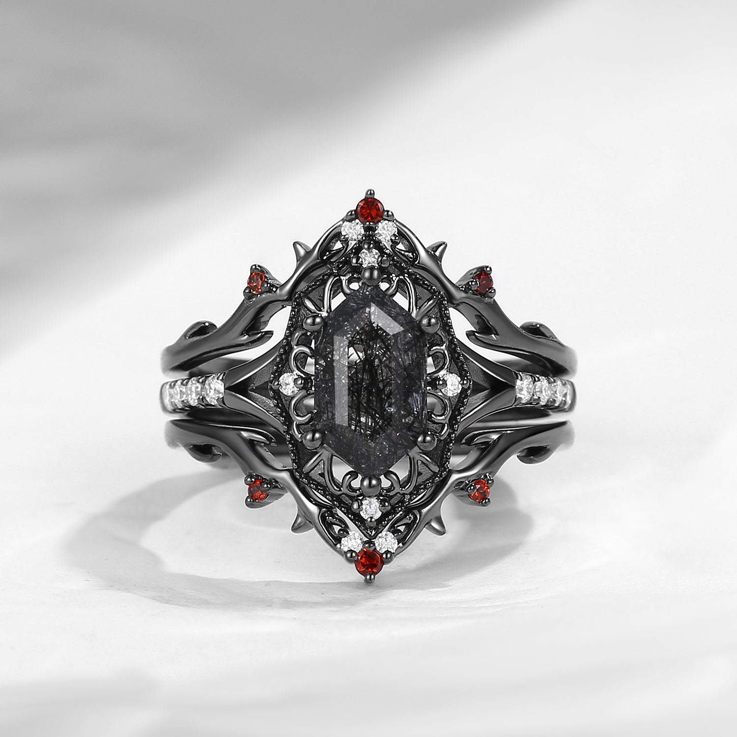 Vintage Inspired Hexagon Cut Black Rutilated Quartz Vampire Shield Engagement Ring Set 2pcs