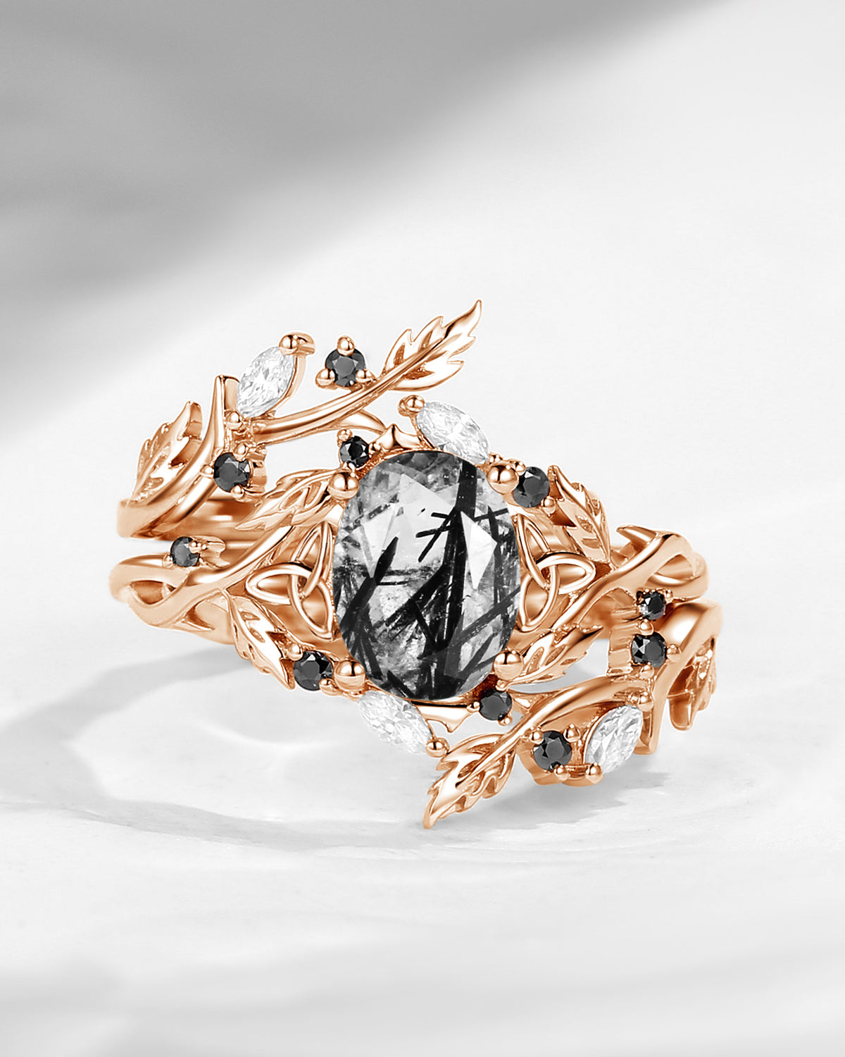 Nature Inspired Celtic Twist Oval Cut Moss Agate Hawthorn Leaf Engagement Ring Set 2pcs