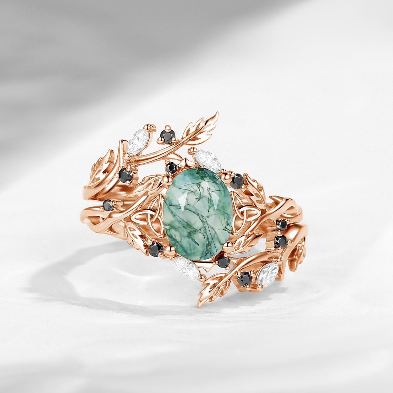 Nature Inspired Celtic Twist Oval Cut Moss Agate Hawthorn Leaf Engagement Ring Set 2pcs