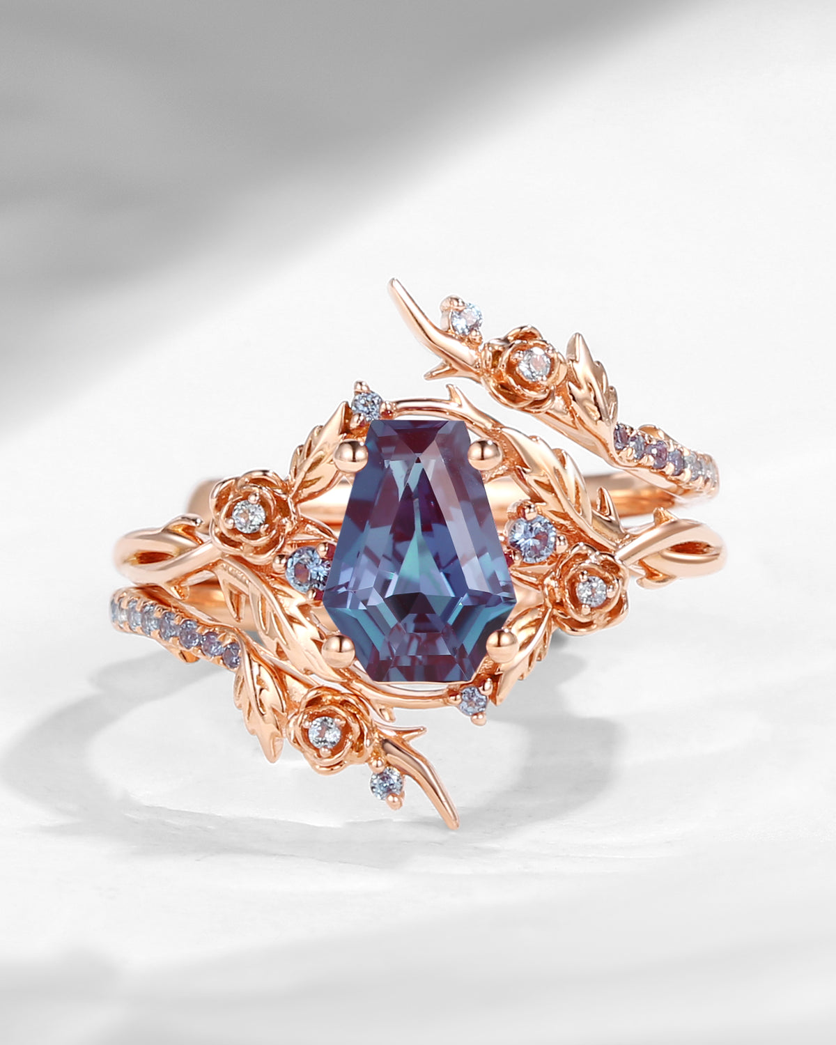 Vintage Twist Coffin Cut Lab Alexandrite Nature Inspired Engagement Ring Set 2pcs