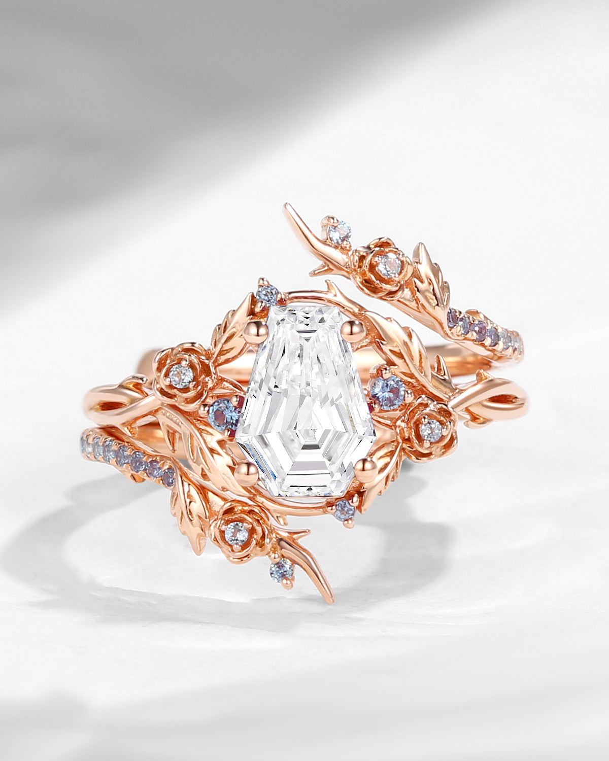 Nature Inspired Twist Coffin Cut Moissanite Engagement Ring Set 2pcs