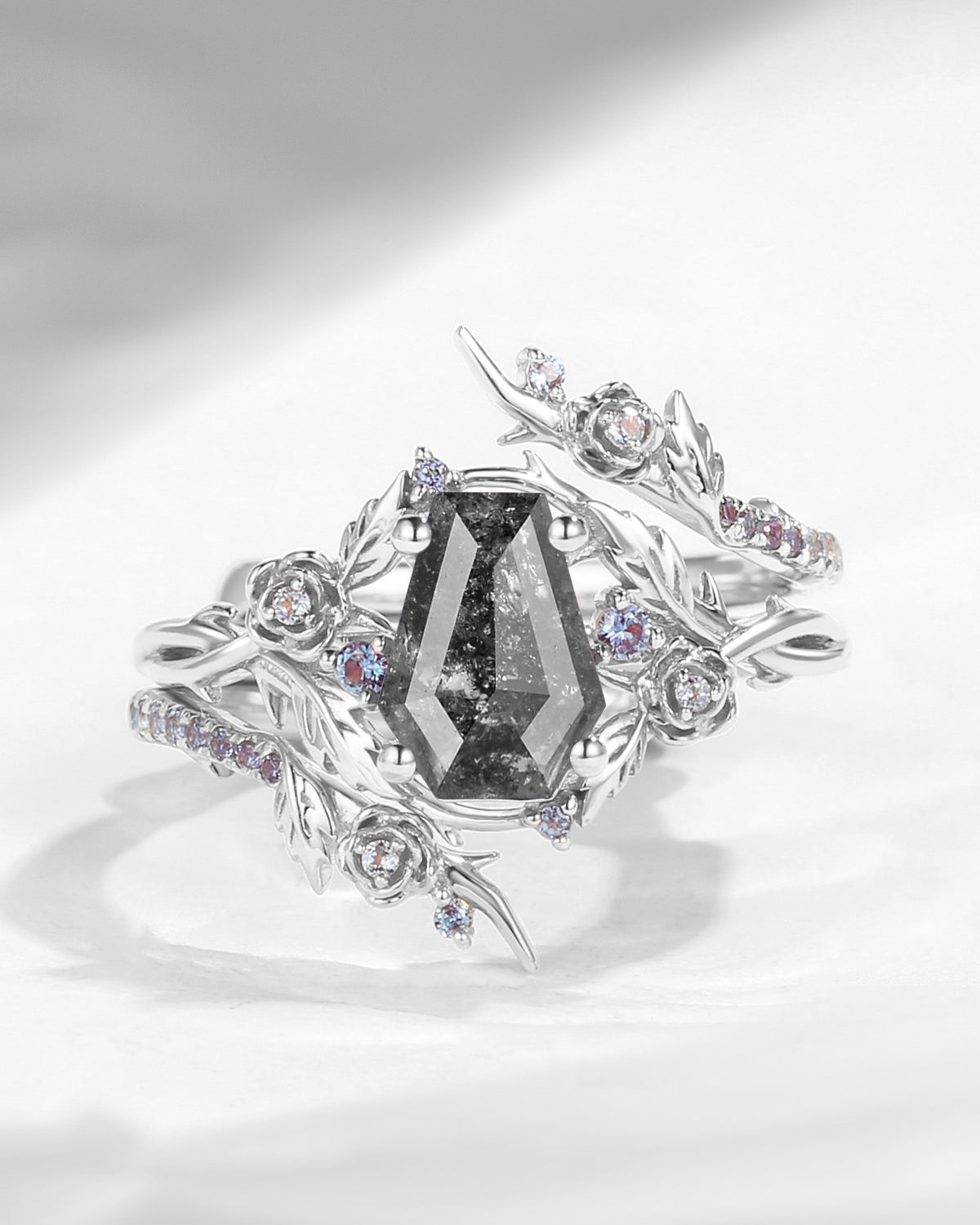 Nature Inspired Twist Coffin Cut Salt & Pepper Diamond Engagement Ring Set 2pcs