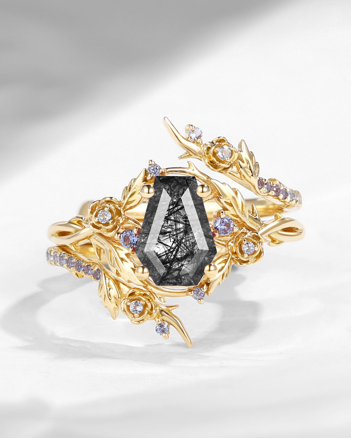 Nature Inspired Twist Coffin Cut Black Rutilated Quartz Engagement Ring Set 2pcs