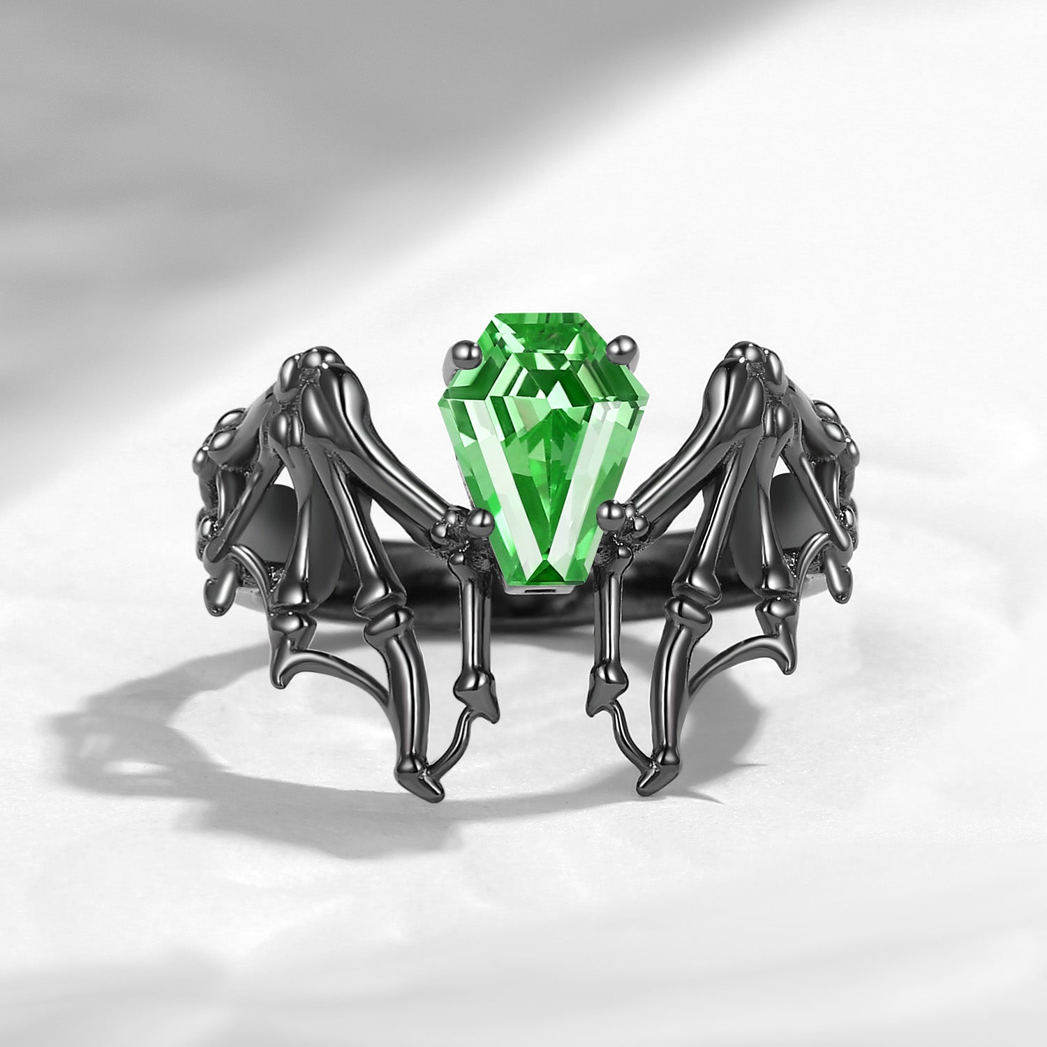 Lab Tsavorite Coffin Cut Vintage Inspired Black Gold Engagement Ring - Bat Ring