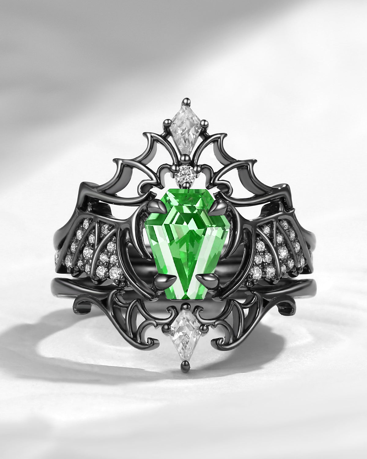 Non-Traditional Coffin Cut Lab Tsavorite Bat Wing Inspired Black Gold Engagement Ring 3pcs