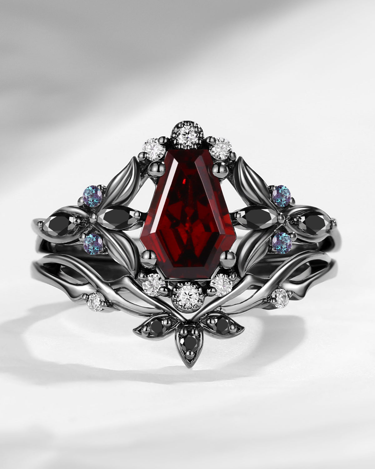 Gothic Style Coffin Cut Garnet Nature Inspired Engagement Ring Set 2pcs