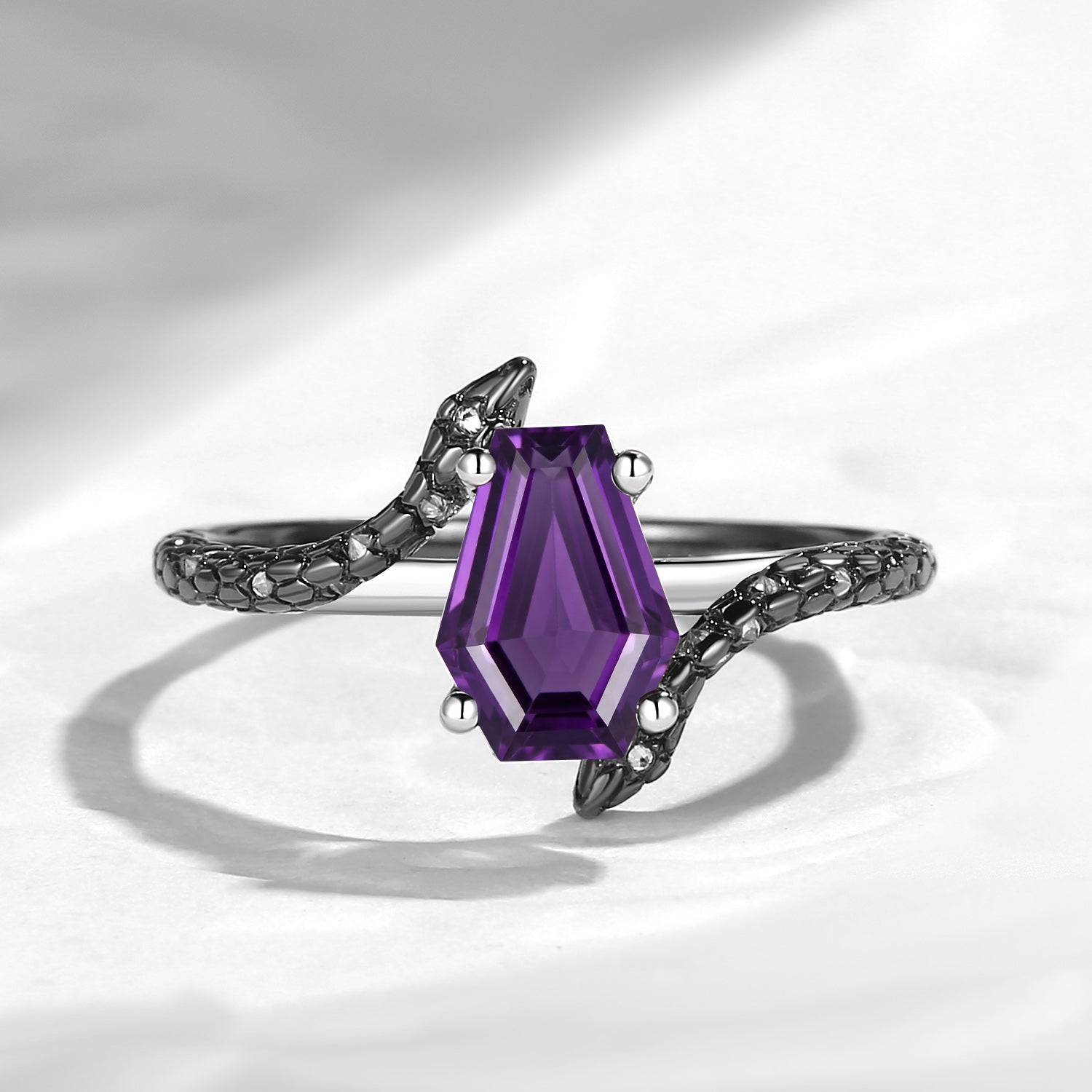 Serpent's Embrace - Gothic Coffin Cut Amethyst Two-Tone Twist Engagement Ring