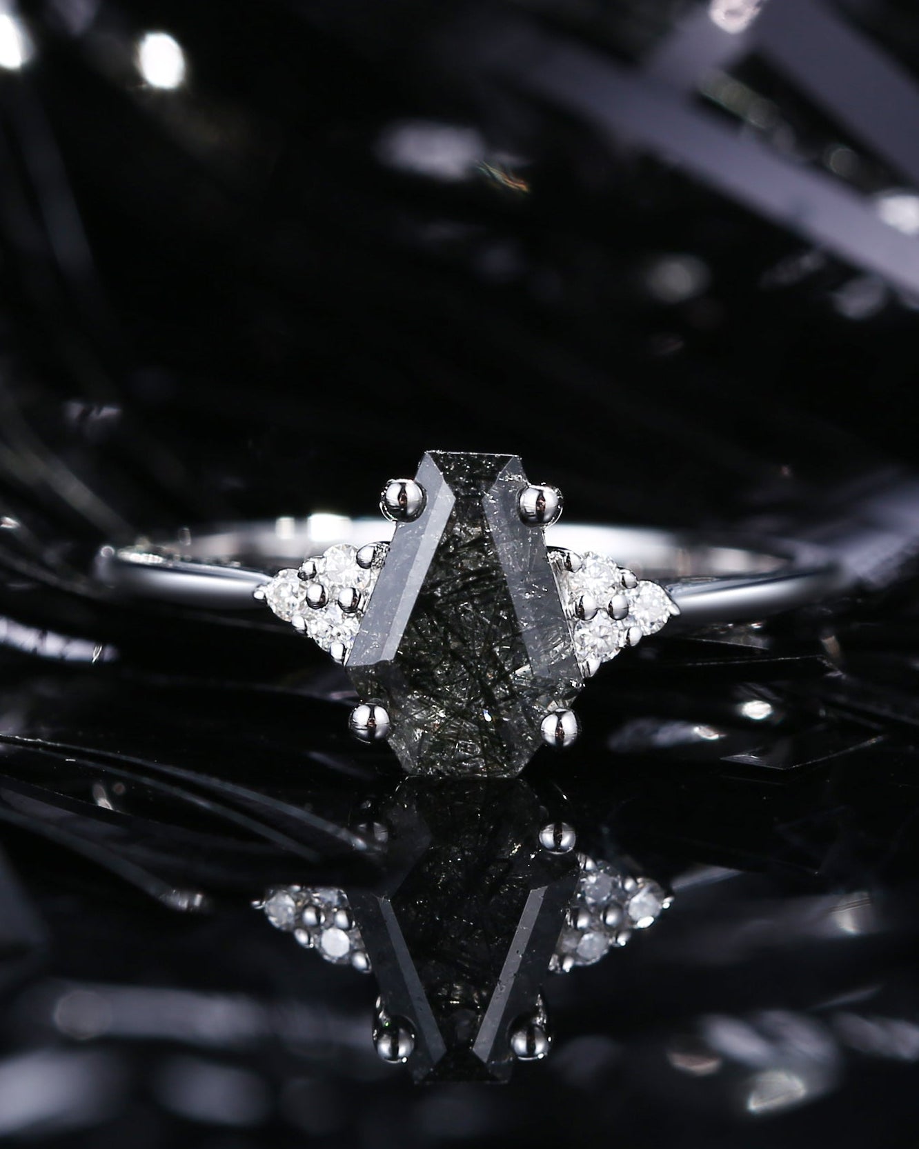 Classic Coffin Shaped Black Rutilated Quartz Engagement Ring