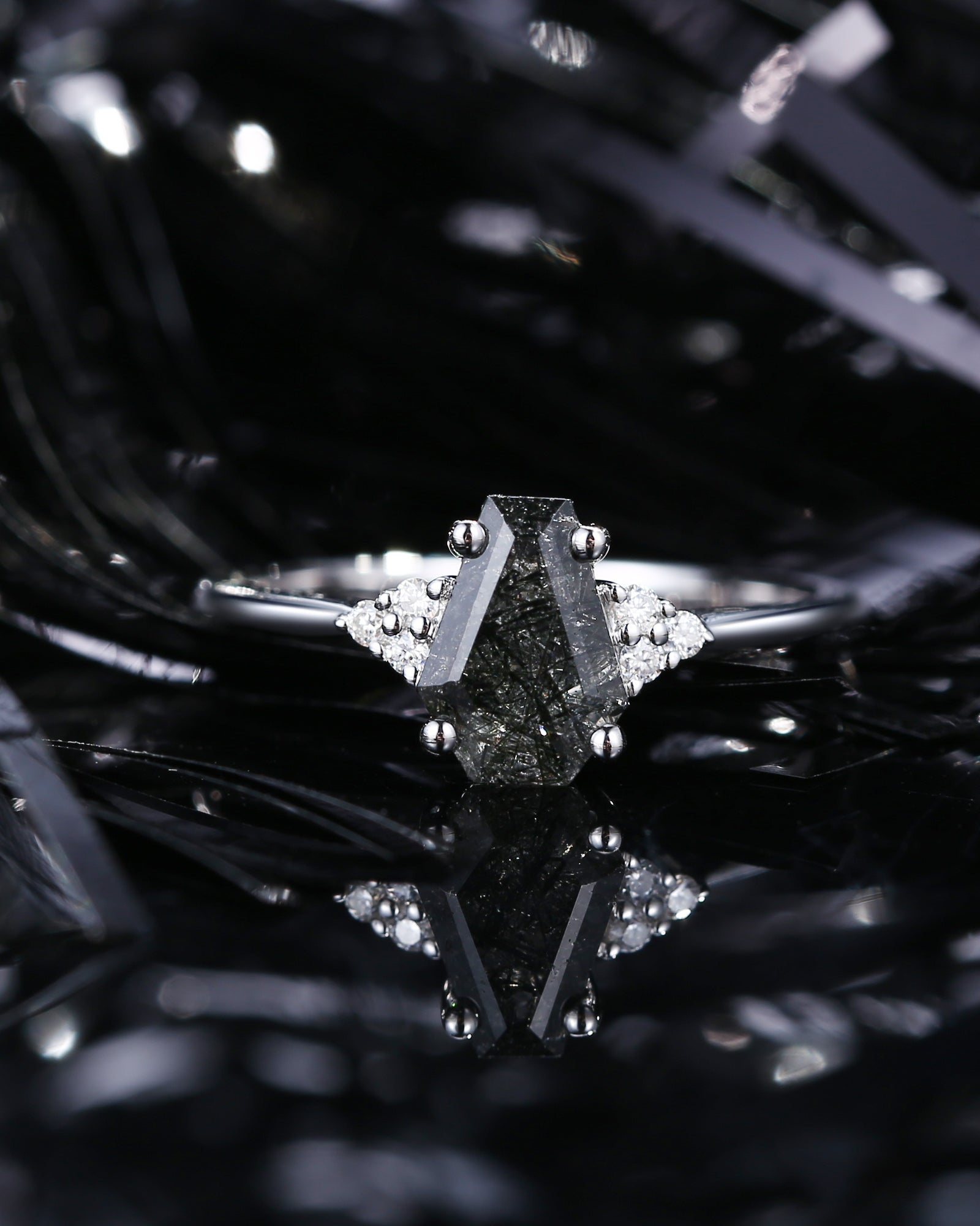 Classic Coffin Shaped Black Rutilated Quartz Engagement Ring
