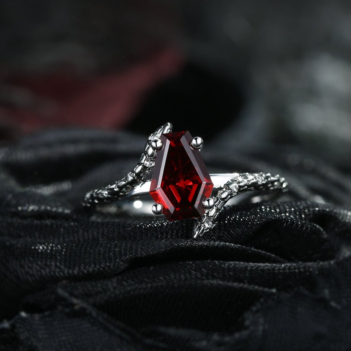 'Serpent's Embrace'- Vintage Twist Coffin Cut Garnet Engagement Ring