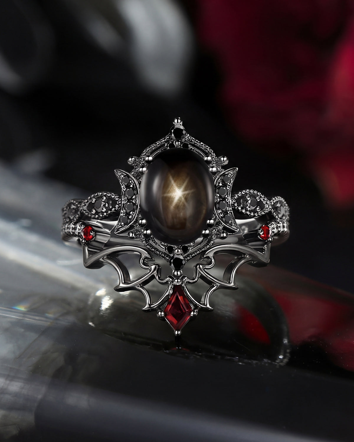 Crescent Moon | Bat Inspired Oval Cut Natural Black Star Sapphire Gothic Black Gold Engagement Ring Set 2pcs