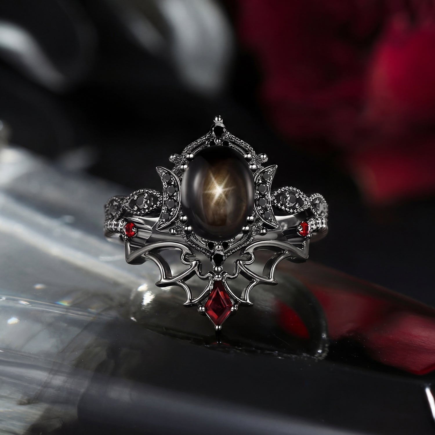 Crescent Moon | Bat Inspired Oval Cut Natural Black Star Sapphire Gothic Black Gold Engagement Ring Set 2pcs