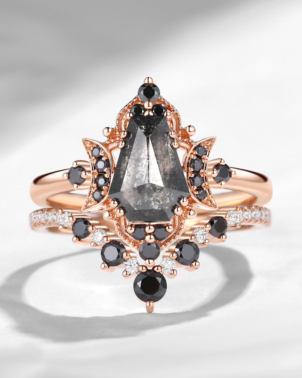 Crescent Moon | Coffin Salt And Pepper Diamond & Black Moissanite Engagement Ring Set 2pcs