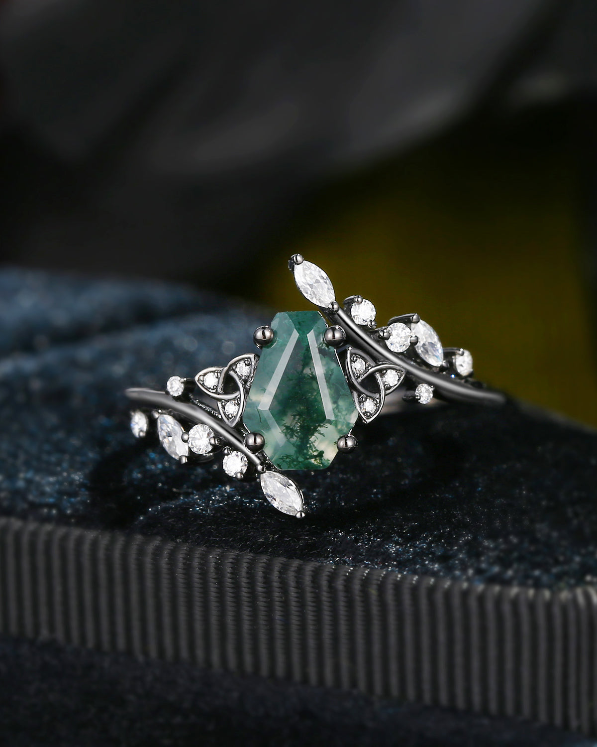 Coffin Moss Agate Nature Inspired Celtic Engagement Ring