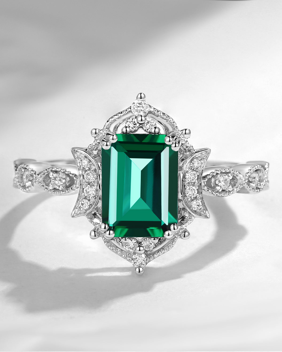 Crescent Moon | Art Deco Lab Emerald Engagement Ring