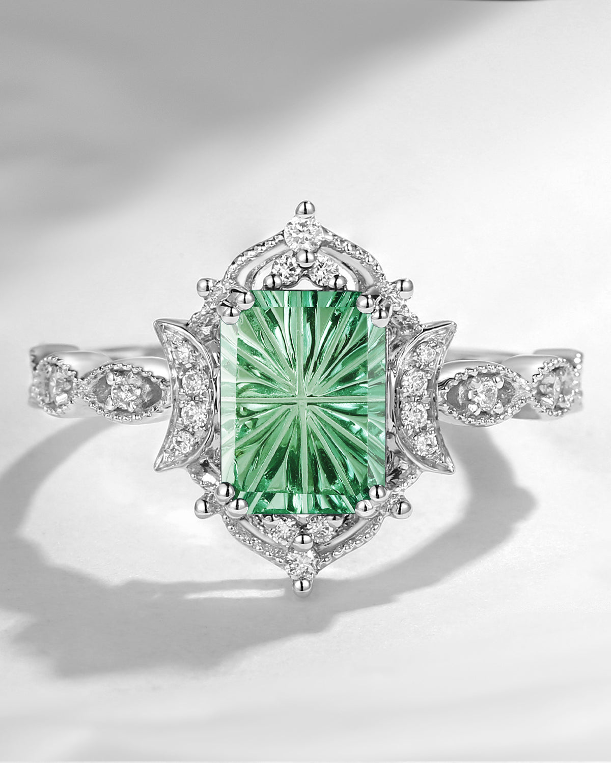 Crescent Moon | Art Deco Fantasy Carved Emerald Cut Lab Green Sapphire Engagement Ring