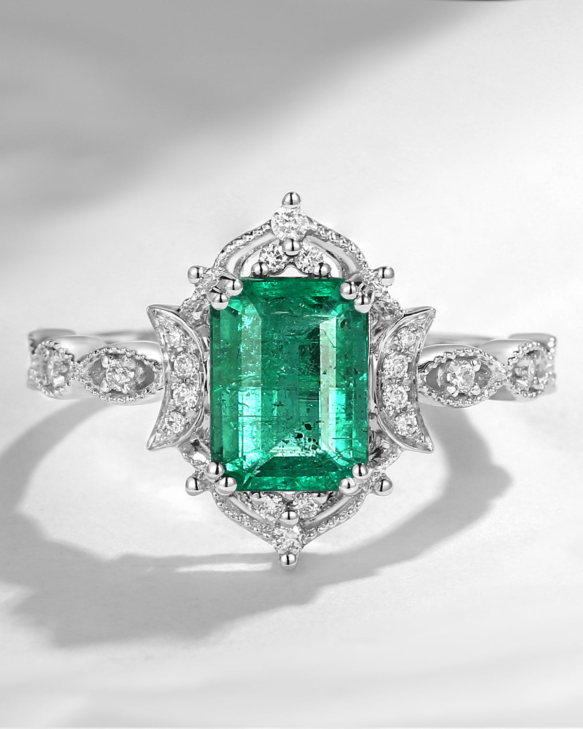 Crescent Moon | Vintage Inspired Art Deco Emerald Cut Natural Emerald Engagement Ring