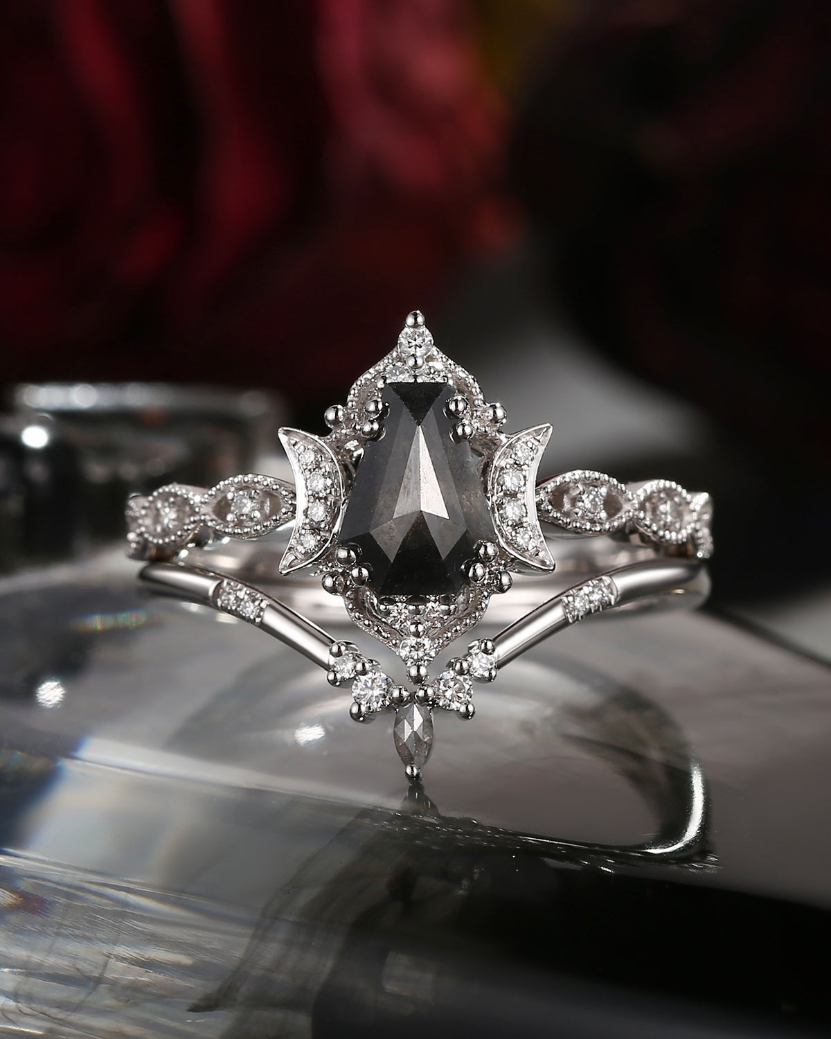 Crescent Moon | Unique Coffin Cut Natural Salt And Pepper Diamond Engagement Ring Set 2pcs - Luna