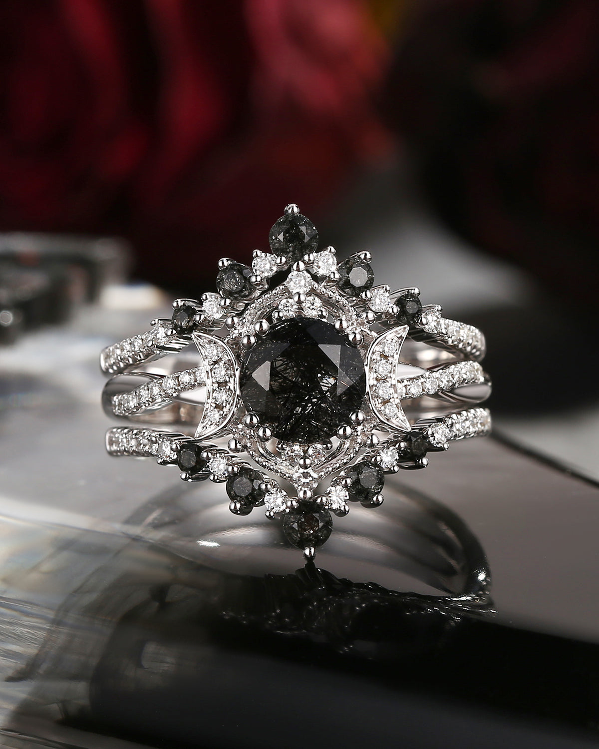Crescent moon | Unique Infinity Round Black Rutilated Quartz Engagement Ring Set 3PCS