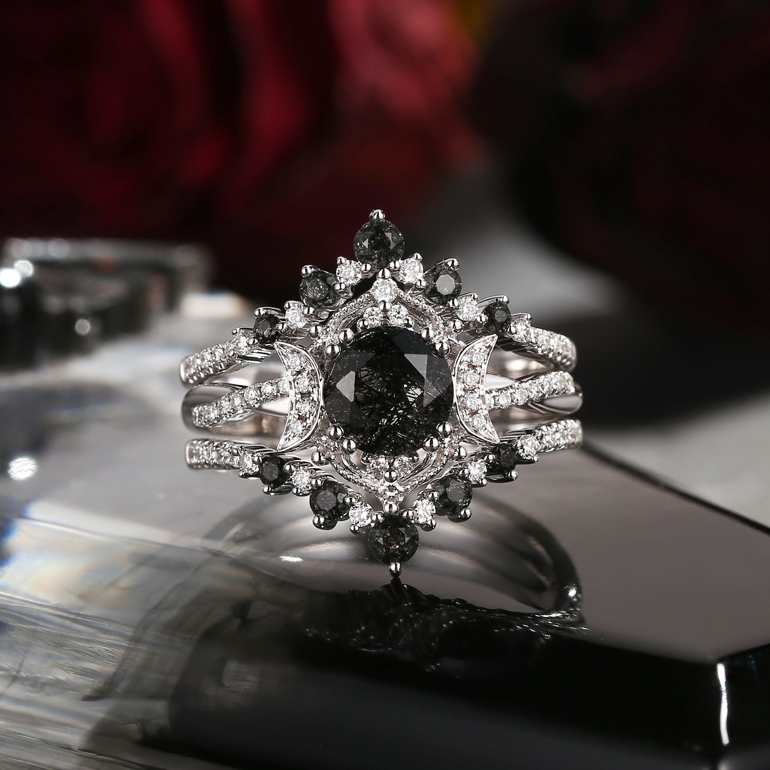 Crescent moon | Unique Infinity Round Black Rutilated Quartz Engagement Ring Set 3PCS