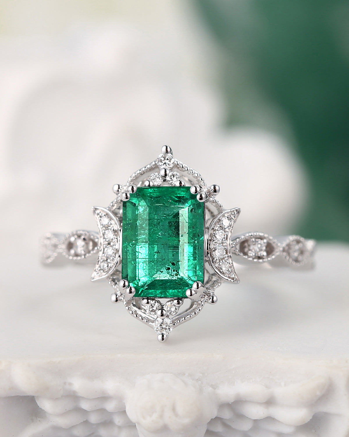 Crescent Moon | Vintage Inspired Art Deco Emerald Cut Natural Emerald Engagement Ring