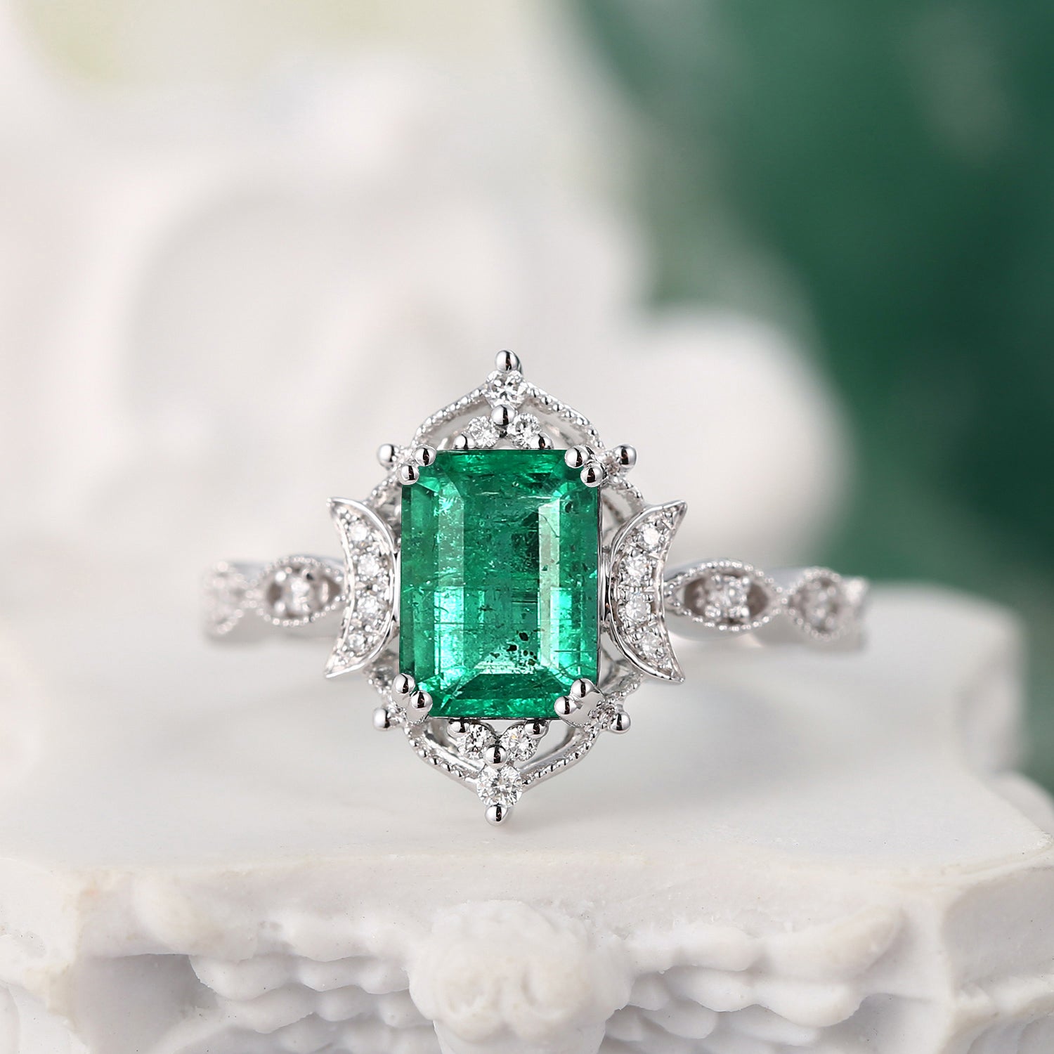 Crescent Moon | Vintage Inspired Art Deco Emerald Cut Natural Emerald Engagement Ring