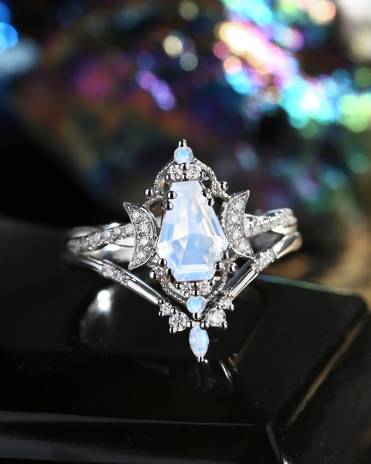 Crescent Moon | Coffin Infinity Moonstone Twisted Engagement Ring Set 2pcs - Alexandria