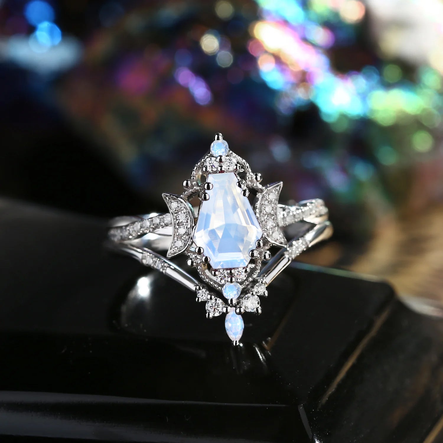 Crescent Moon | Coffin Infinity Moonstone Twisted Engagement Ring Set 2pcs - Alexandria