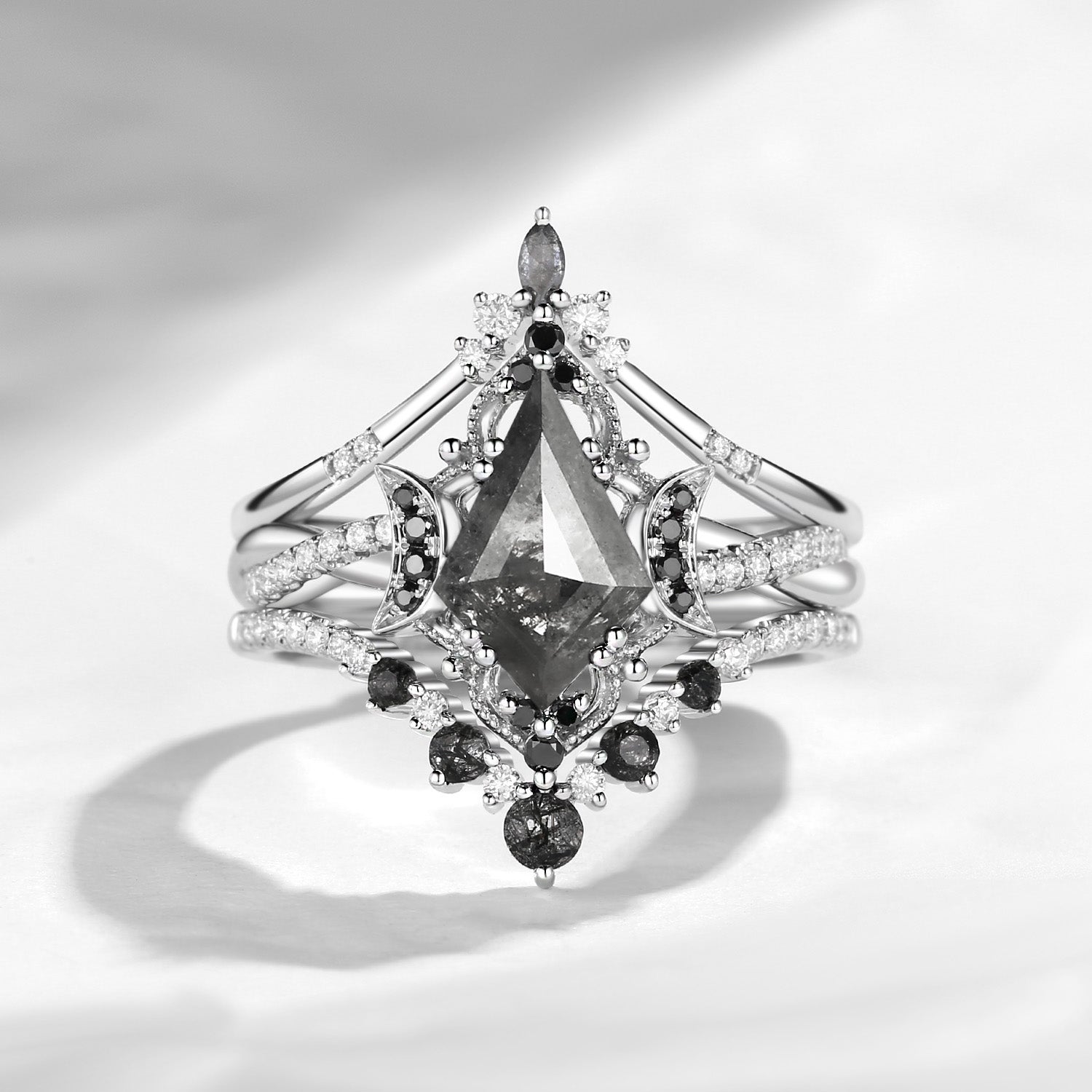 Crescent Moon | Kite Cut Salt and Pepper Diamond 'Noir' Engagement Ring Set 3pcs