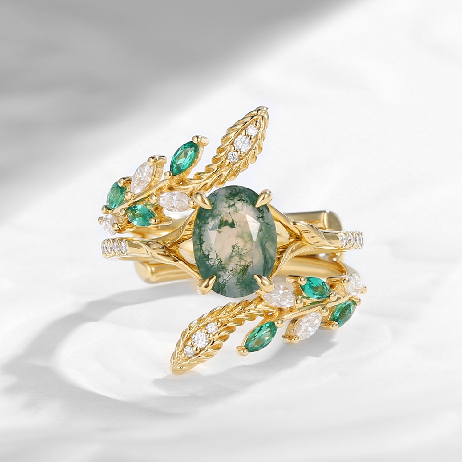 Vintage Twist Oval Cut Moss Agate Nature Inspired Engagement Ring Set 2pcs - Serpent's Embrace