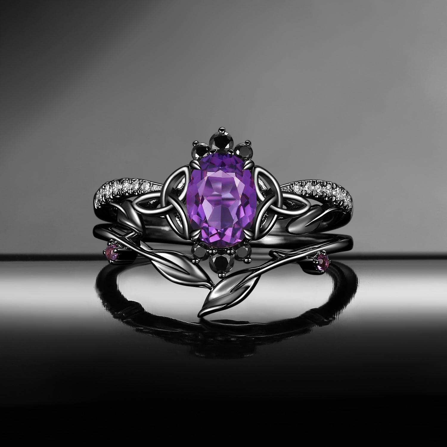 Celtic Calendar | 1.21-2.17 | Oval Amethyst Nature Inspired Rowan Leafy Celtic Ring Set 2pcs
