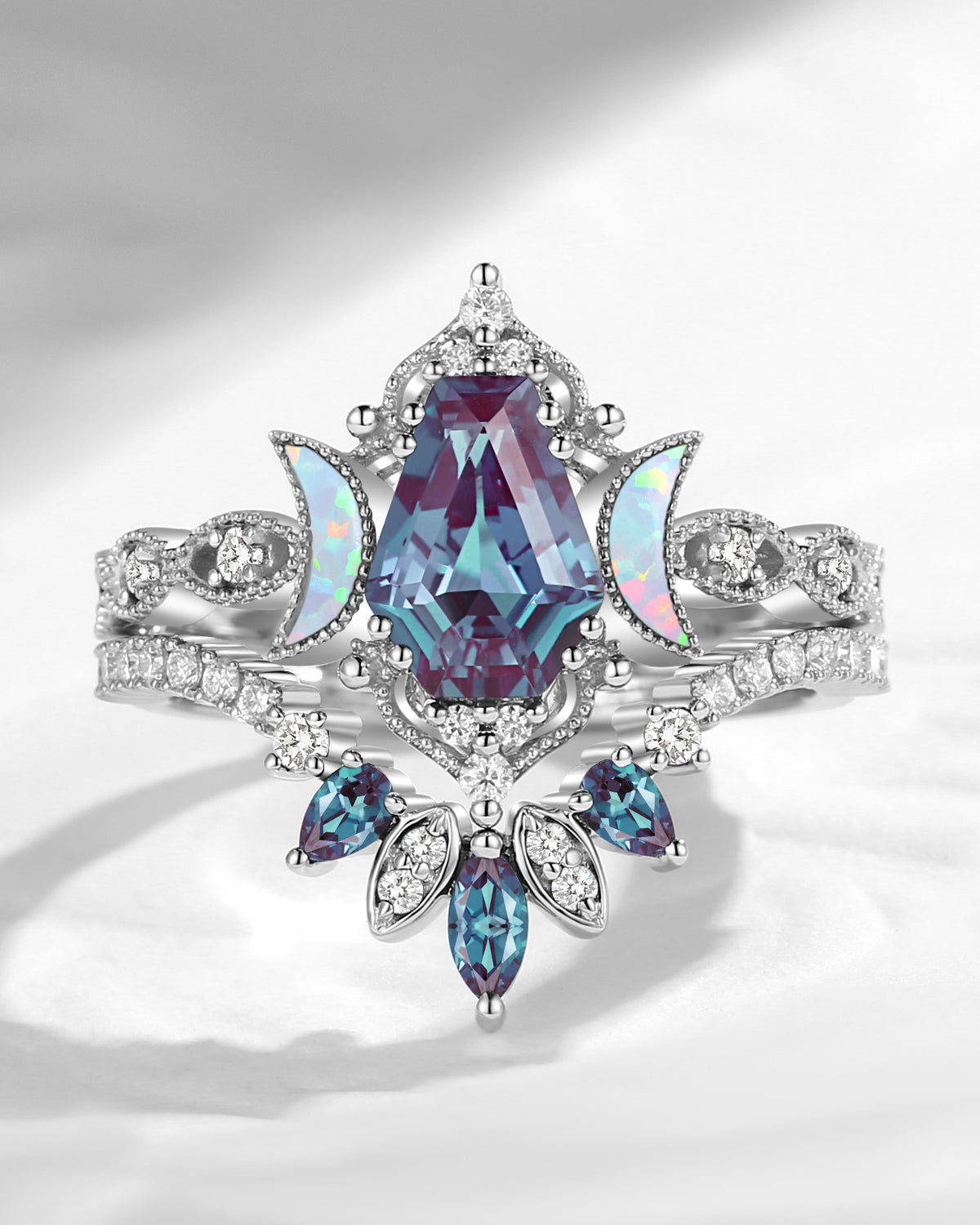 Crescent Moon | Coffin Cut Lab Alexandrite Engagement Ring Set 2pcs- 'Ultra Galaxy'