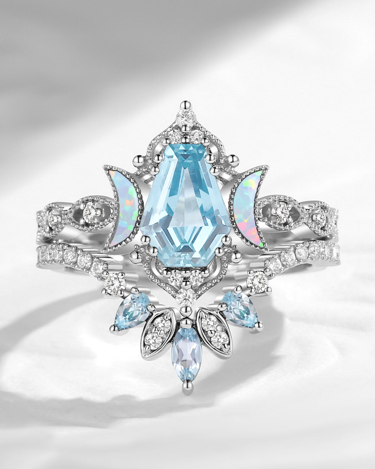 Crescent Moon | Coffin Cut Natural Aquamarine 'Ultra Galaxy' Engagement Ring Set 2pcs