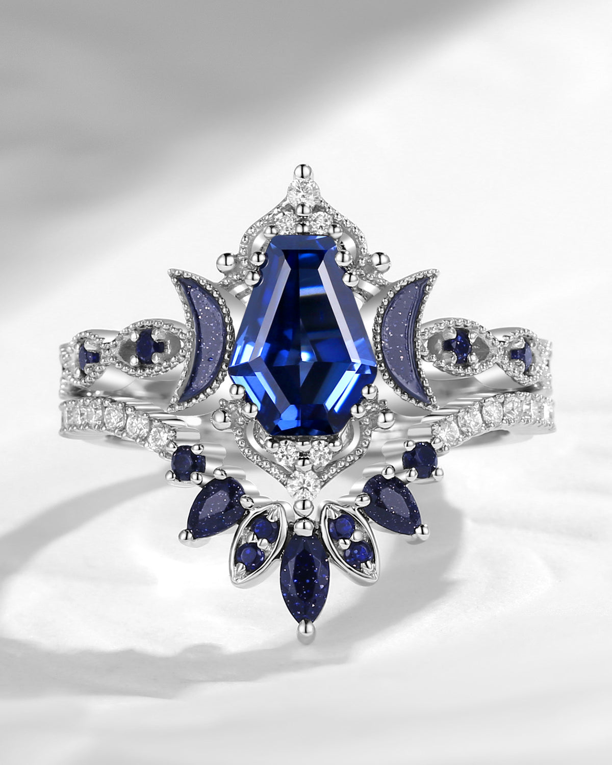 Crescent Moon | Coffin Cut Lab Sapphire Engagement Ring Set 2pcs- 'Ultra Galaxy'
