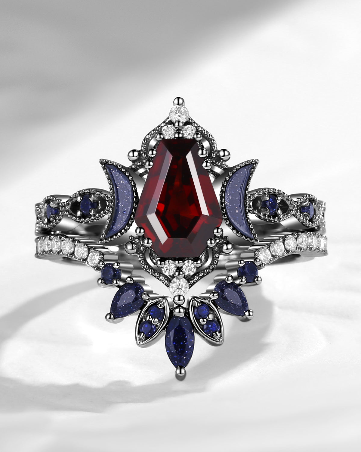Crescent Moon | Coffin Cut Garnet Black Gold Engagement Ring Set 2pcs- 'Ultra Galaxy'