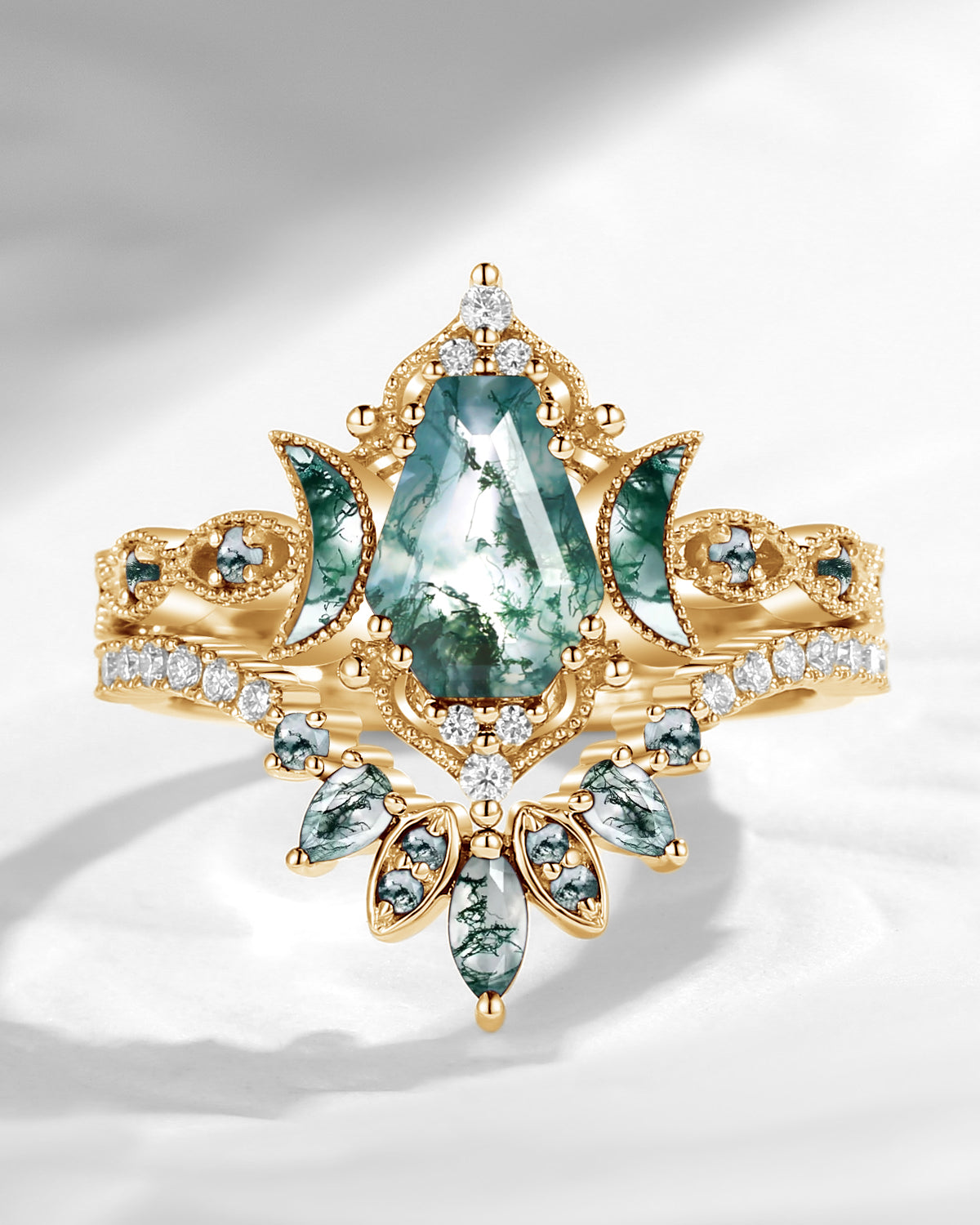 Crescent Moon | Coffin Cut Moss Agate 'Ultra Galaxy' Engagement Ring Set 2pcs