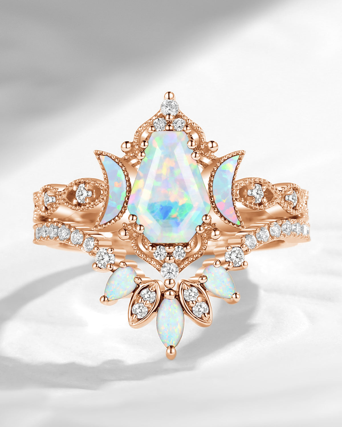 Crescent Moon | Coffin Cut Lab Opal 'Ultra Galaxy' Engagement Ring Set 2pcs
