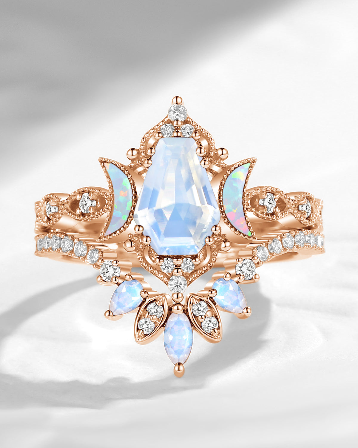 Crescent Moon | Coffin Cut Moonstone 'Ultra Galaxy' Engagement Ring Set 2pcs