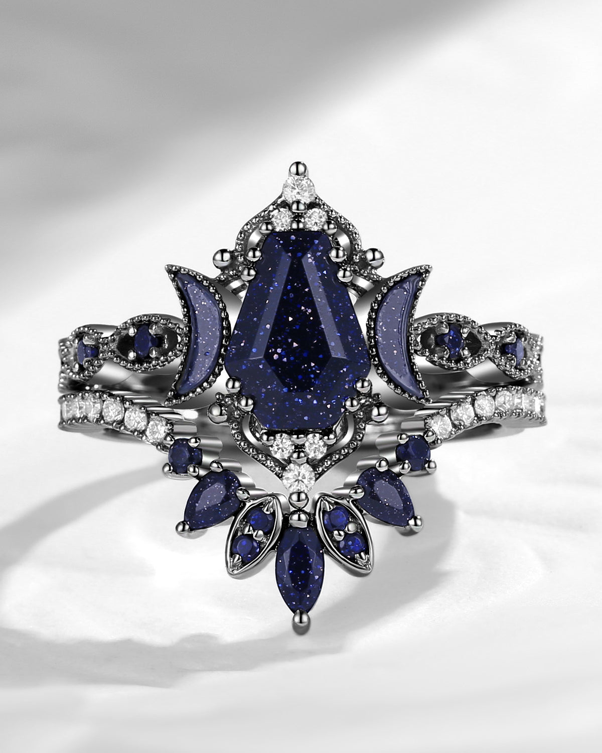 Crescent Moon | Coffin Cut Blue Sandstone Black Gold Engagement Ring Set 2pcs - Ultra Galaxy