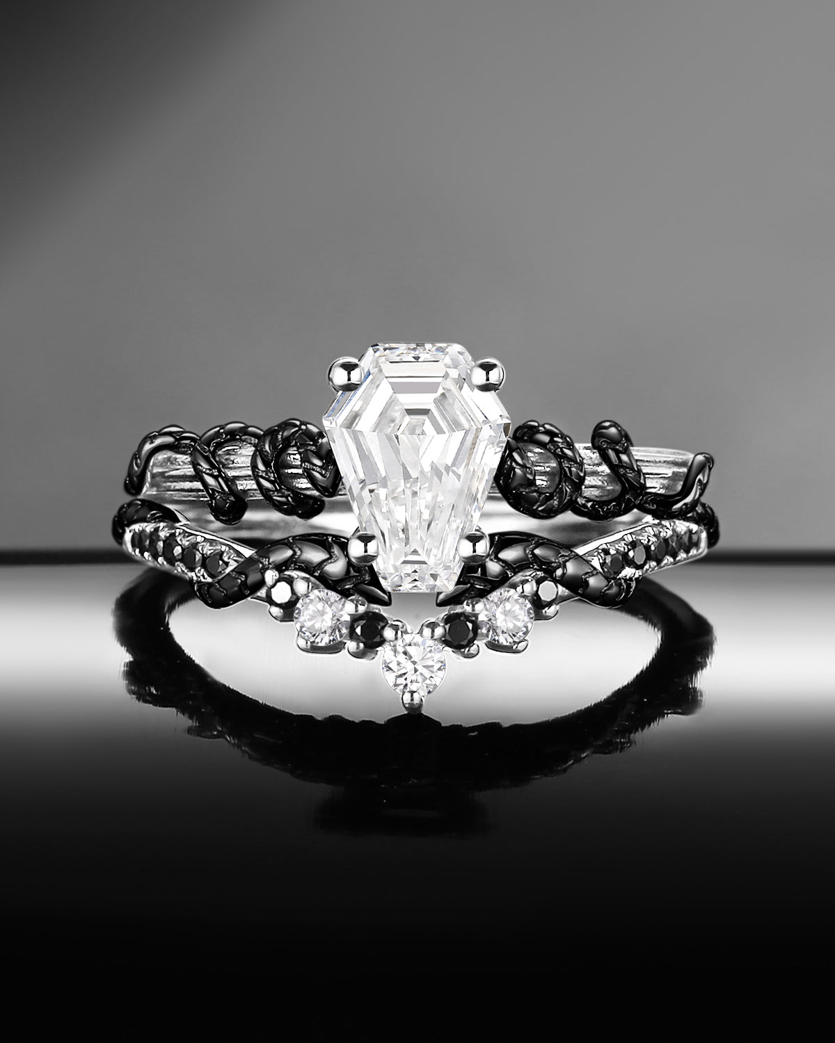 Gothic Coffin Lab Diamond Gold Snake Twist Two-Tone Engagement Ring Set 2pcs - Serpent's Embrace