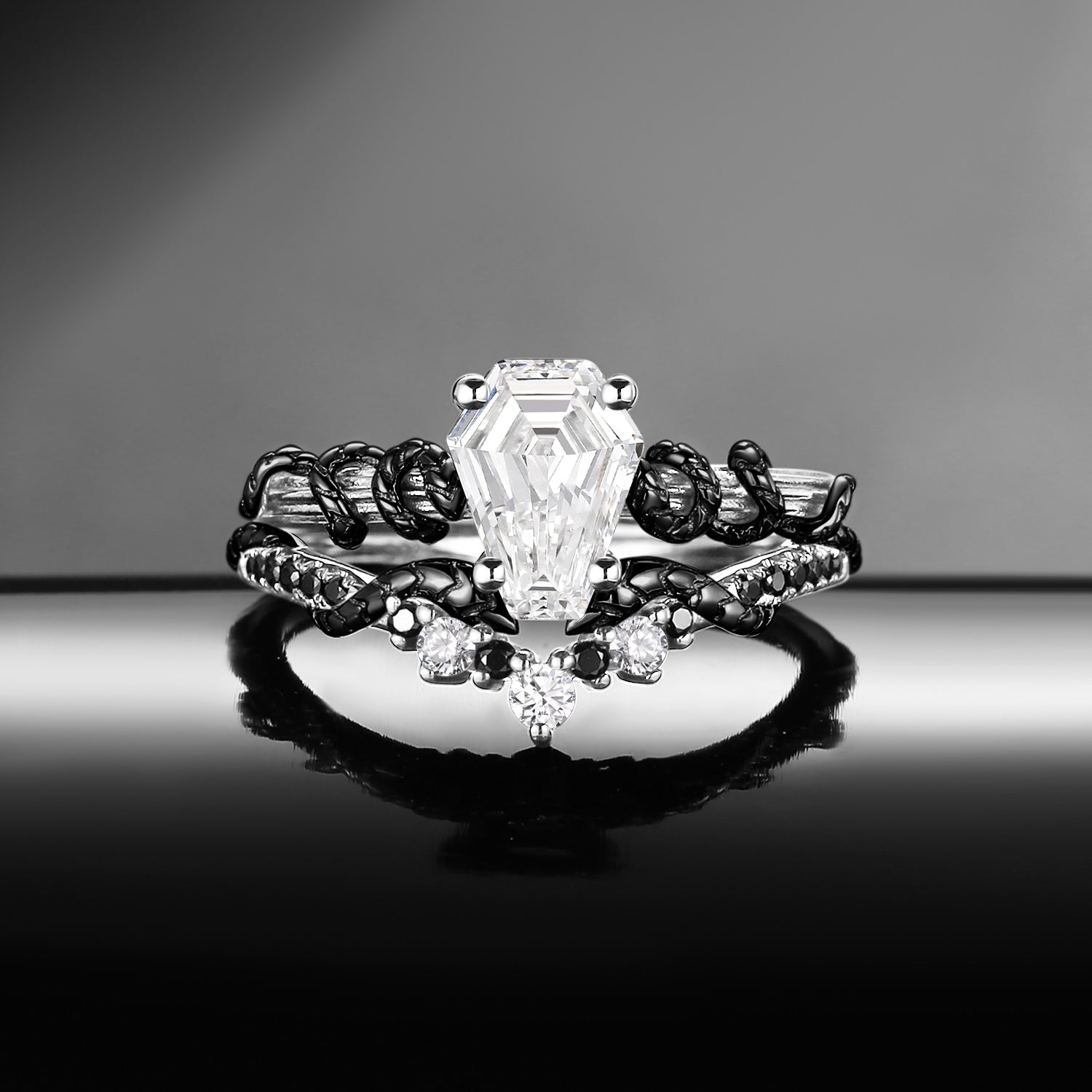Gothic Coffin Lab Diamond Gold Snake Twist Two-Tone Engagement Ring Set 2pcs - Serpent's Embrace