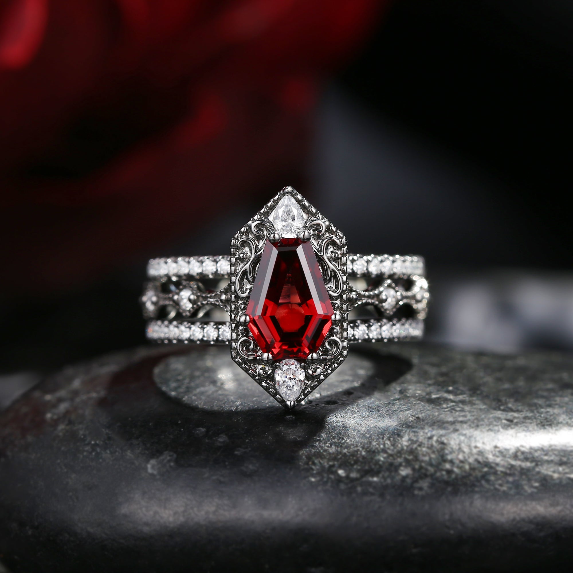 Non-Traditional Coffin Cut Garnet Vampire Shield Engagement Ring Set 3pcs