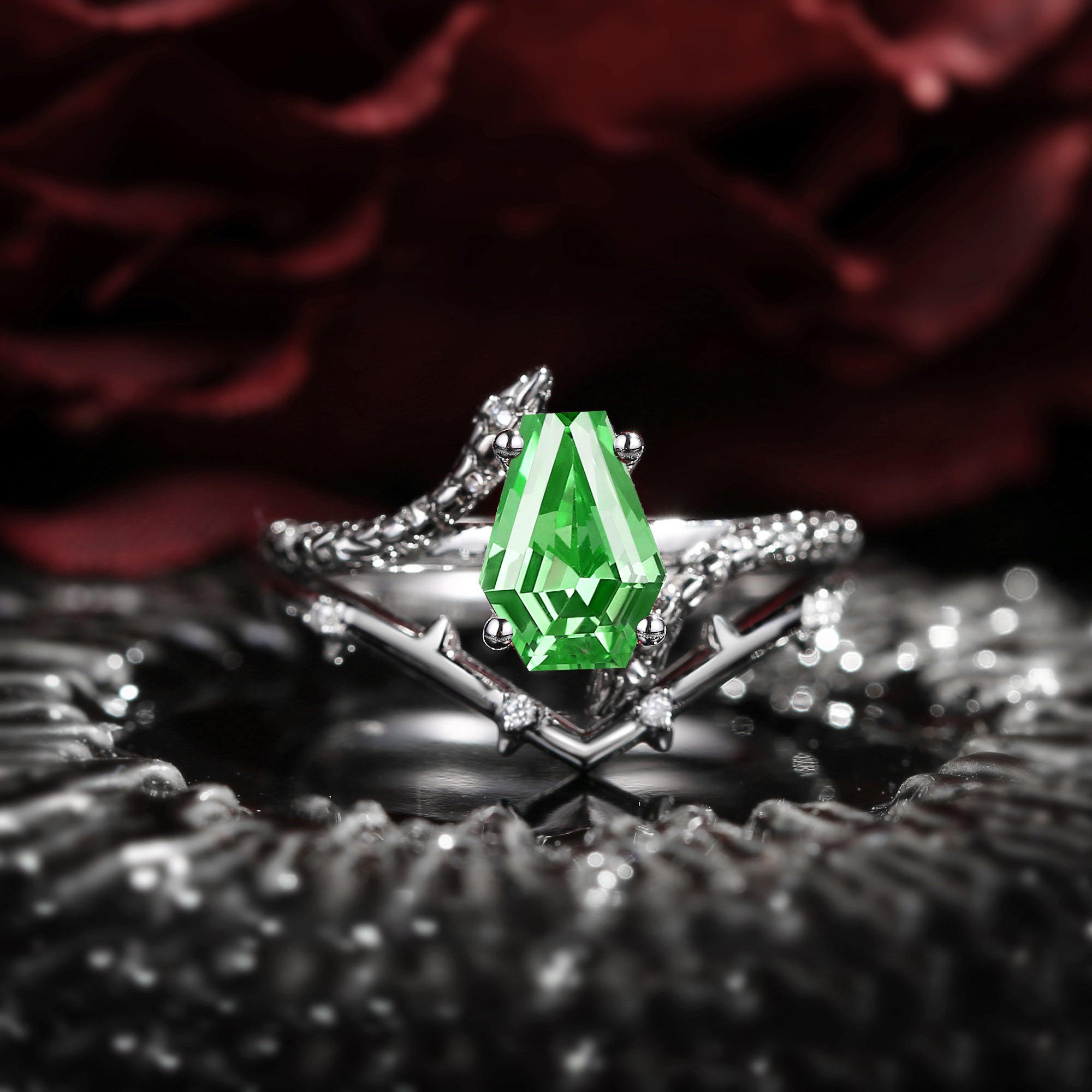 Gothic Style Coffin Lab Tsavorite Two-Toned Twist Snake Engagement Ring Set 2pcs - Serpent's Embrace