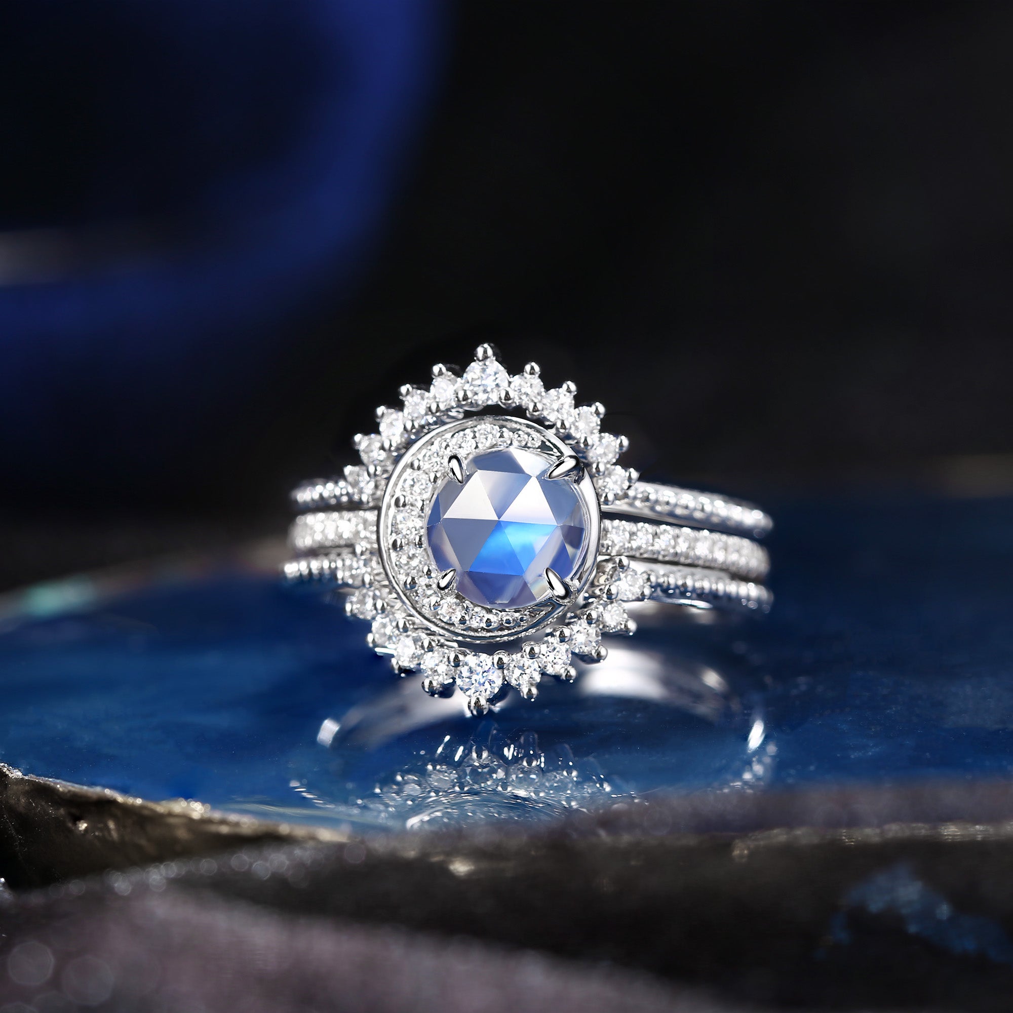 Crescent Moon | Round Moonstone Engagement Ring Set 3PCS - Full Moon