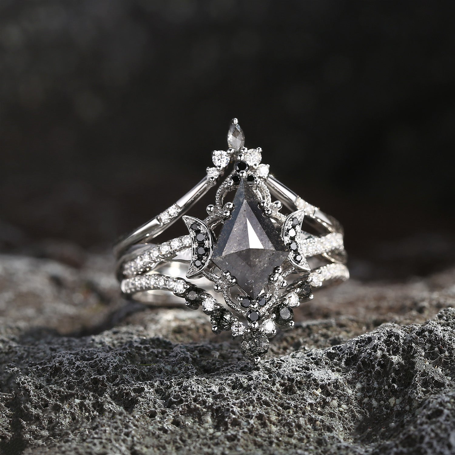 Crescent Moon | Kite Cut Salt and Pepper Diamond 'Noir' Engagement Ring Set 3pcs